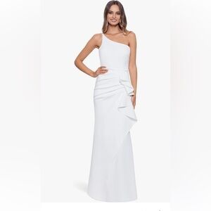 Xscape‎ Long One Shoulder Scuba Ruffle Dress Made In USA White Size 12
